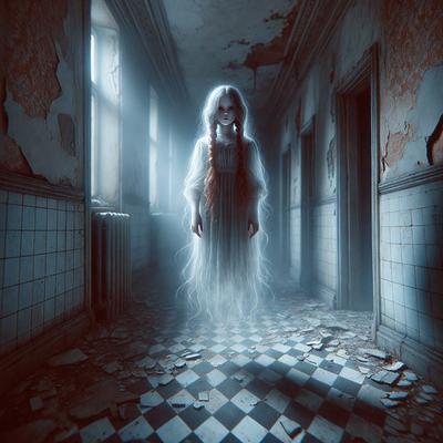 The primary subject of the image is a ghostly figure, possibly a little girl, standing in a hallway. The setting is a dark, old, and possibly abandoned building, with a checkered floor visible. The visual style appears to be a combination of photo and digital art, creating a haunting and mysterious atmosphere. The colors are predominantly dark, with the ghostly figure being the main focus, and the overall mood is eerie and mysterious.
